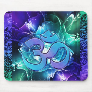 Fractal Lotus Flower With Om In Blues and Green Mouse Mat