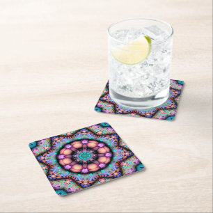 Fractal Mandala Floral Psychedelic Square Paper Coaster