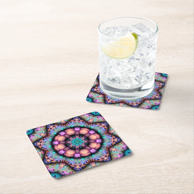 Fractal Mandala Floral Psychedelic Square Paper Coaster (Insitu)