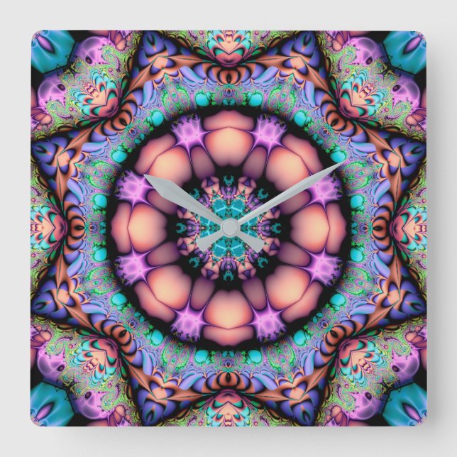 Fractal Mandala Floral Psychedelic Square Wall Clock (Front)