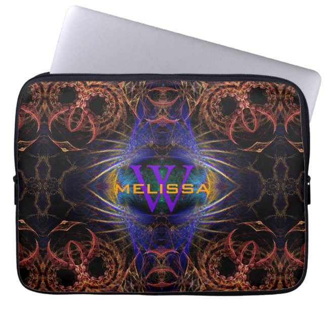 Fractal Owl Wings & Feathers Custom Name Laptop Sleeve (Front)