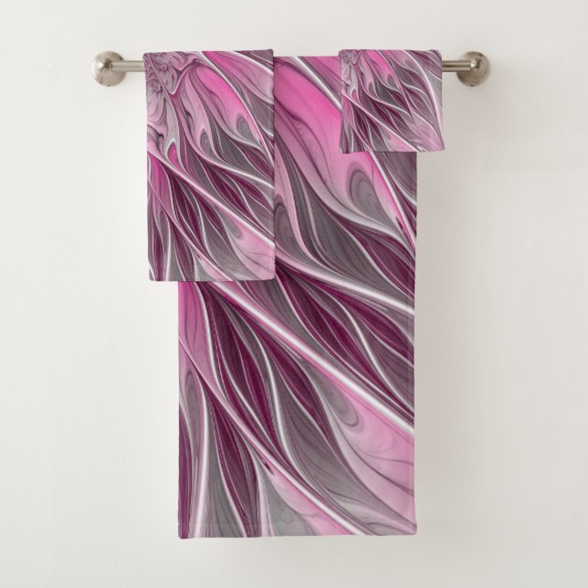 Fractal Pink Flower Dream, Floral Fantasy Pattern Bath Towel Set (Insitu)