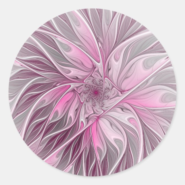 Fractal Pink Flower Dream, Floral Fantasy Pattern Classic Round Sticker (Front)