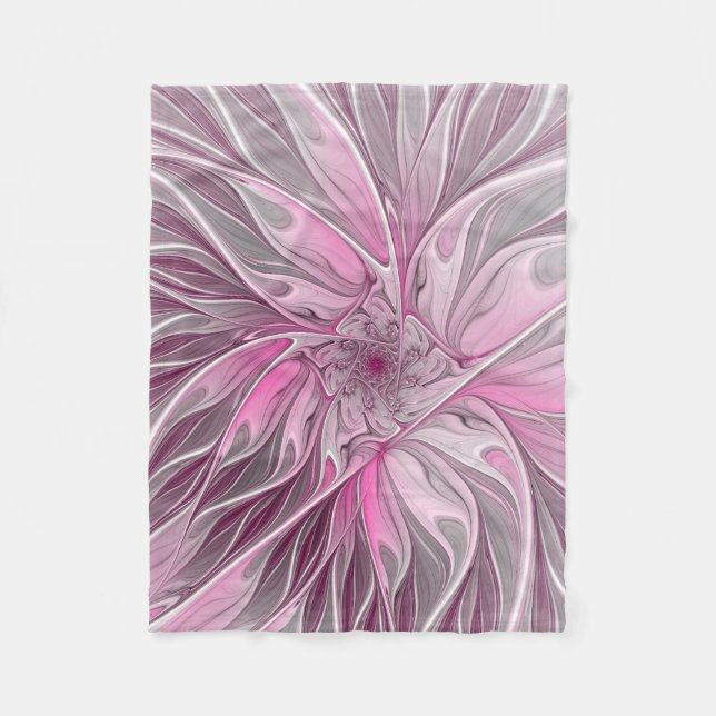 Fractal Pink Flower Dream, floral Fantasy Pattern Fleece Blanket (Front)