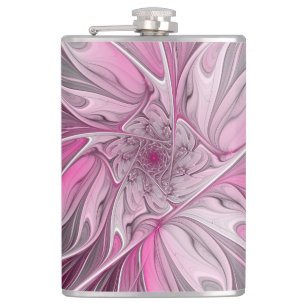 Fractal Pink Flower Dream, Floral Fantasy Pattern Hip Flask