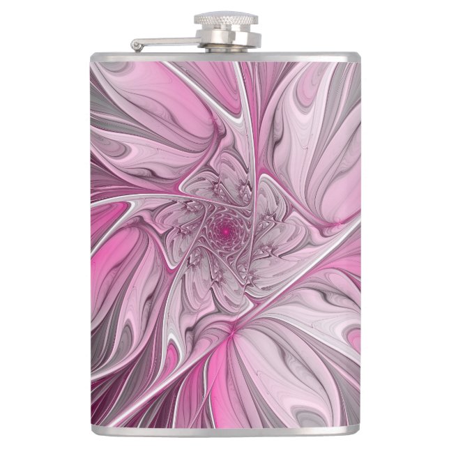 Fractal Pink Flower Dream, Floral Fantasy Pattern Hip Flask (Front)