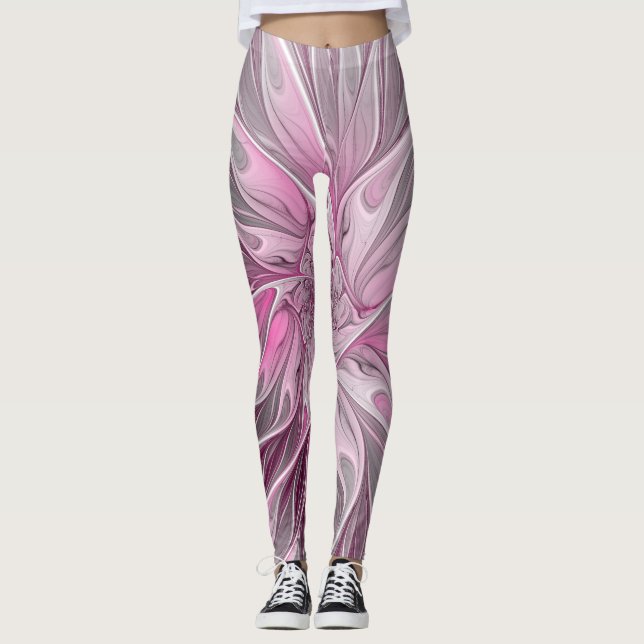 Fractal Pink Flower Dream, Floral Fantasy Pattern Leggings (Front)