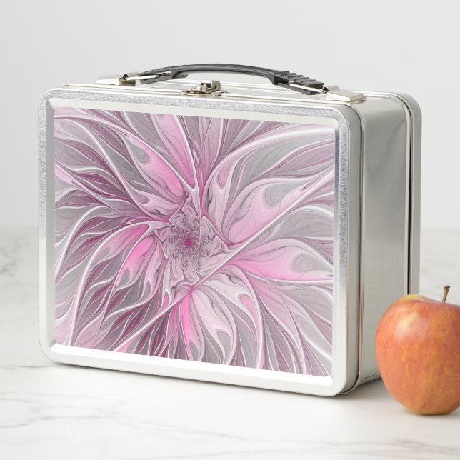 Fractal Pink Flower Dream, Floral Fantasy Pattern Metal Lunch Box (In Situ)