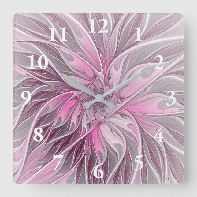 Fractal Pink Flower Dream, floral Fantasy Pattern Square Wall Clock (Front)