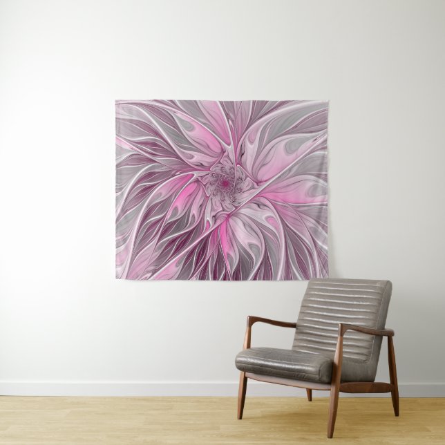 Fractal Pink Flower Dream, Floral Fantasy Pattern Tapestry (In Situ (Horizontal))