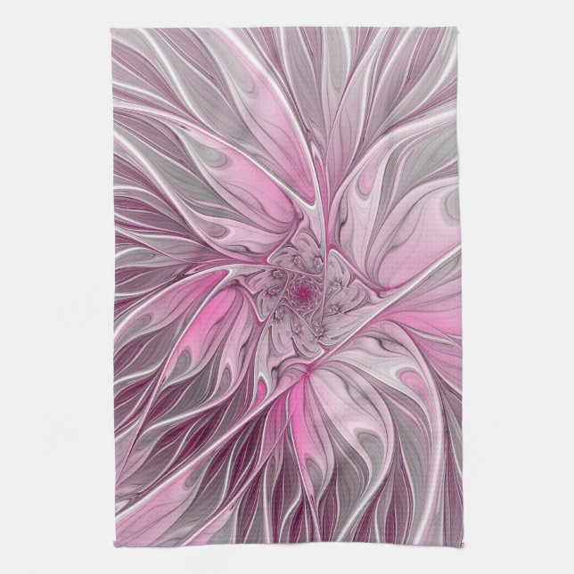 Fractal Pink Flower Dream, Floral Fantasy Pattern Tea Towel (Vertical)