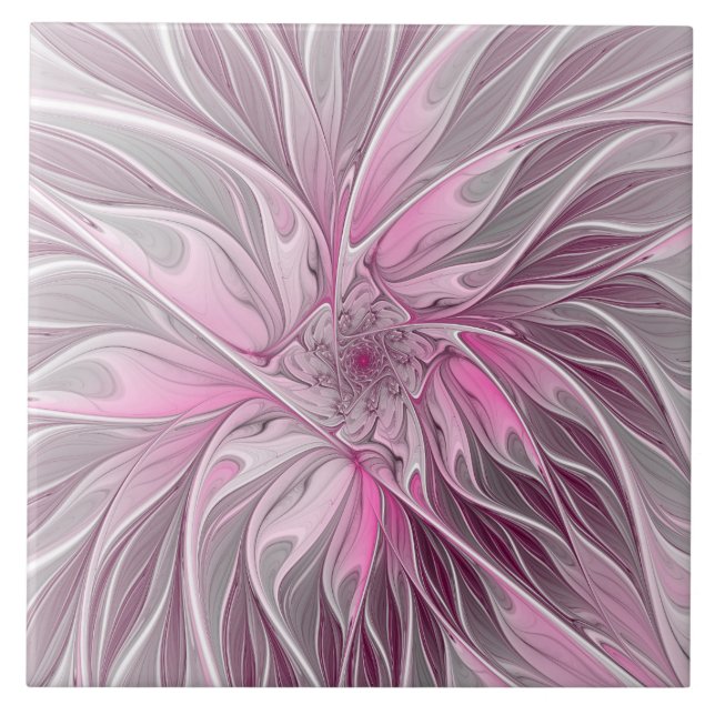 Fractal Pink Flower Dream, Floral Fantasy Pattern Tile (Front)