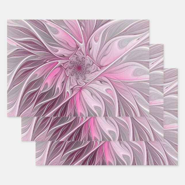 Fractal Pink Flower Dream, floral Fantasy Pattern Wrapping Paper Sheet (Set)