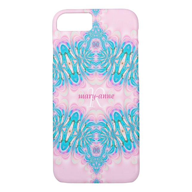 Fractal Pink Lace Garter Monogram Name Case-Mate iPhone Case (Back)