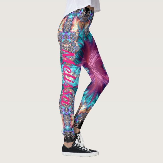 Fractal Pink Rainbow Custom Name Leggings (Right)