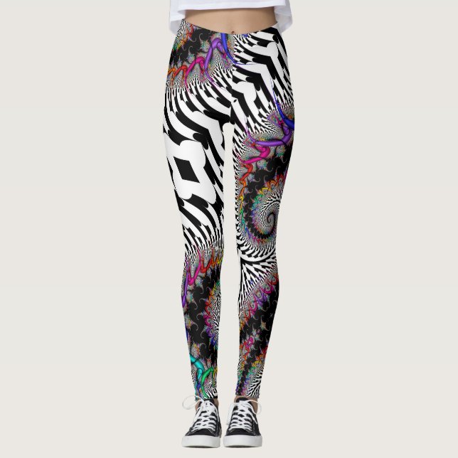 Fractal Rainbow Spiral Black White Abstract Leggings (Front)