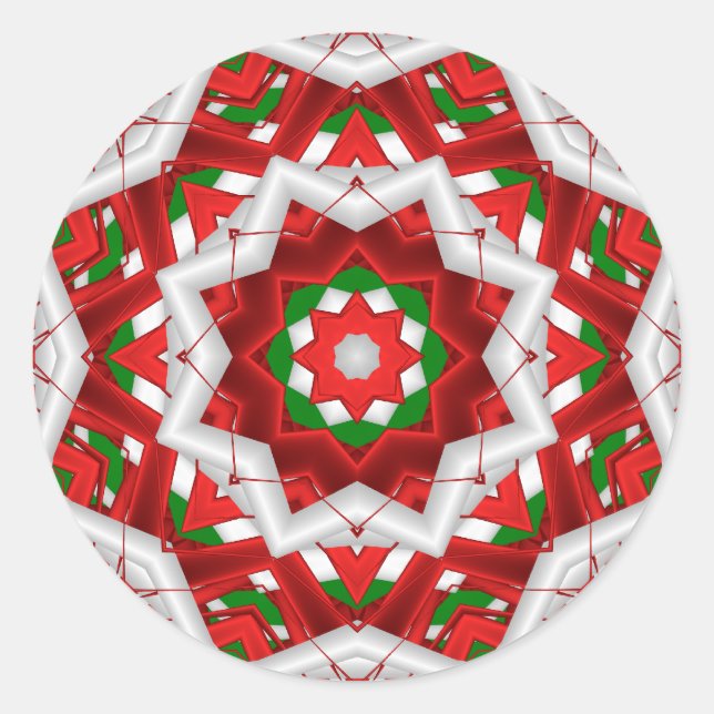 Fractal Red Green White Holiday Ribbons Classic Round Sticker (Front)