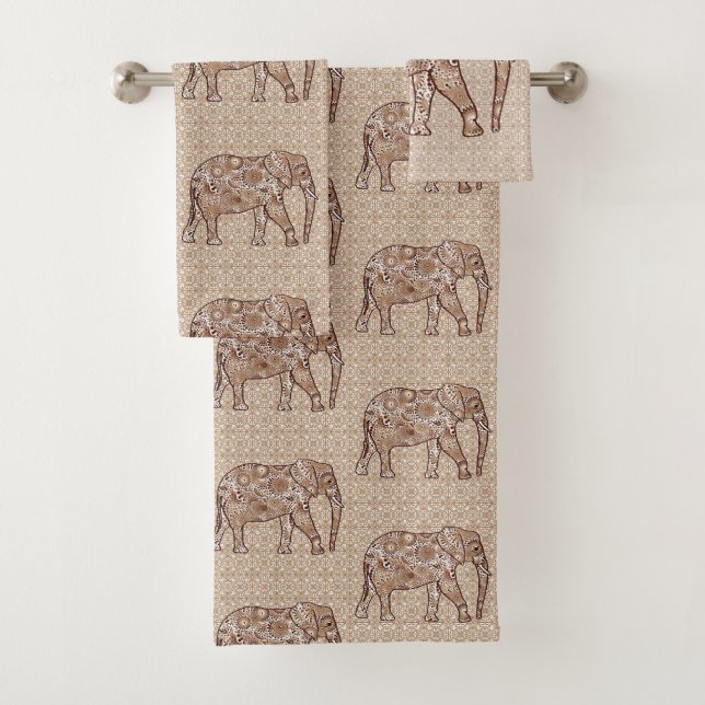 Fractal Swirl Elephant, Brown and Taupe Bath Towel Set (Insitu)