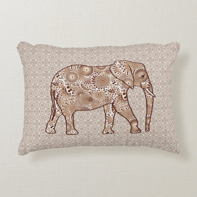 Fractal swirl elephant - brown and taupe decorative cushion (Front)
