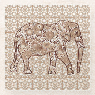 Fractal swirl elephant - brown and taupe glass coaster