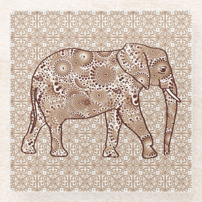 Fractal swirl elephant - brown and taupe glass coaster (Front)
