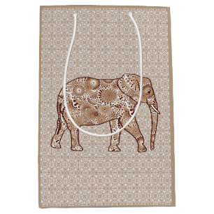 Fractal swirl elephant - brown and taupe medium gift bag