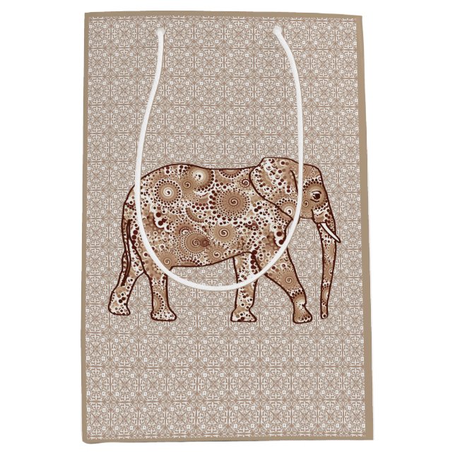 Fractal swirl elephant - brown and taupe medium gift bag (Front)