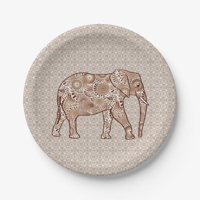 Fractal swirl elephant - brown and taupe paper plate (Front)