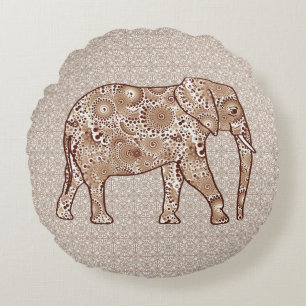Fractal swirl elephant - brown and taupe round cushion