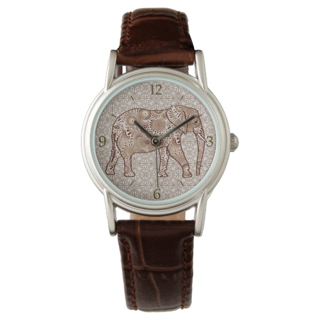 Fractal swirl elephant - brown and taupe watch (Front)