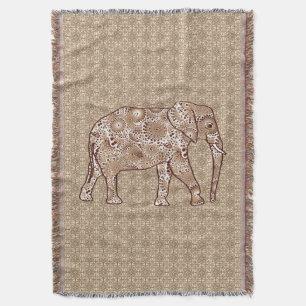 Fractal swirl elephant, coffee brown and beige throw blanket