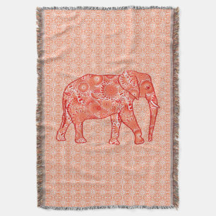 Fractal swirl elephant, coral orange and peach throw blanket