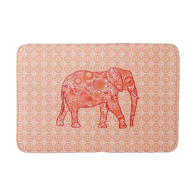 Fractal Swirl Elephant, Coral Orange and White Bath Mat (Front)