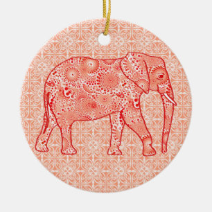 Fractal swirl elephant - coral orange and white ceramic tree decoration