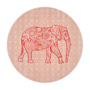 Fractal swirl elephant - coral orange and white cutting board
