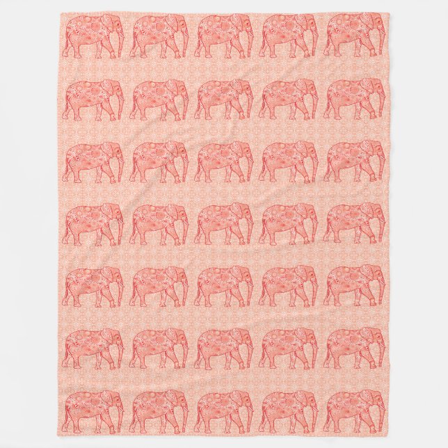 Fractal swirl elephant - coral orange and white fleece blanket (Front)