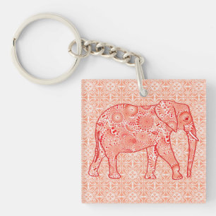 Fractal swirl elephant - coral orange and white key ring