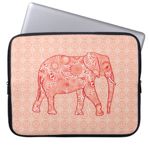Fractal swirl elephant - coral orange and white laptop sleeve