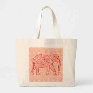 Fractal swirl elephant - coral orange and white large tote bag