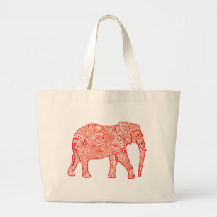 Fractal swirl elephant - coral orange and white large tote bag
