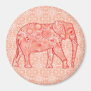 Fractal swirl elephant - coral orange and white magnet