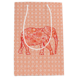 Fractal Swirl Elephant, Coral Orange and White Medium Gift Bag