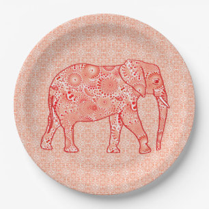 Fractal swirl elephant - coral orange and white paper plate