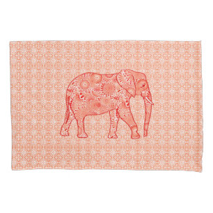 Fractal swirl elephant - coral orange and white pillowcase