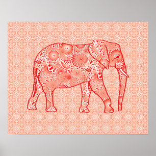 Fractal swirl elephant - coral orange and white poster