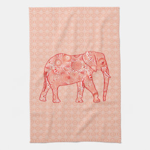 Fractal swirl elephant - coral orange and white tea towel