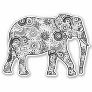Fractal Swirl Elephant, Grey, Black and White