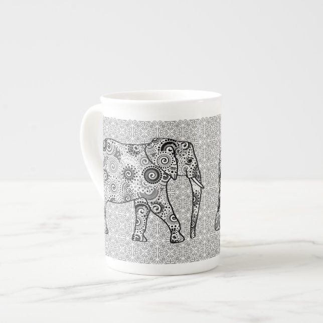Fractal swirl elephant - grey, black and white bone china mug (Front Left)