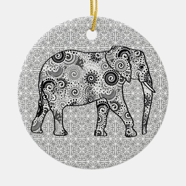 Fractal swirl elephant - grey, black and white ceramic tree decoration (Front)