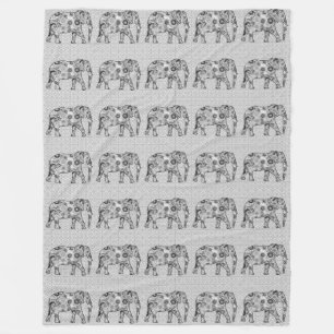 Fractal swirl elephant - grey, black and white fleece blanket